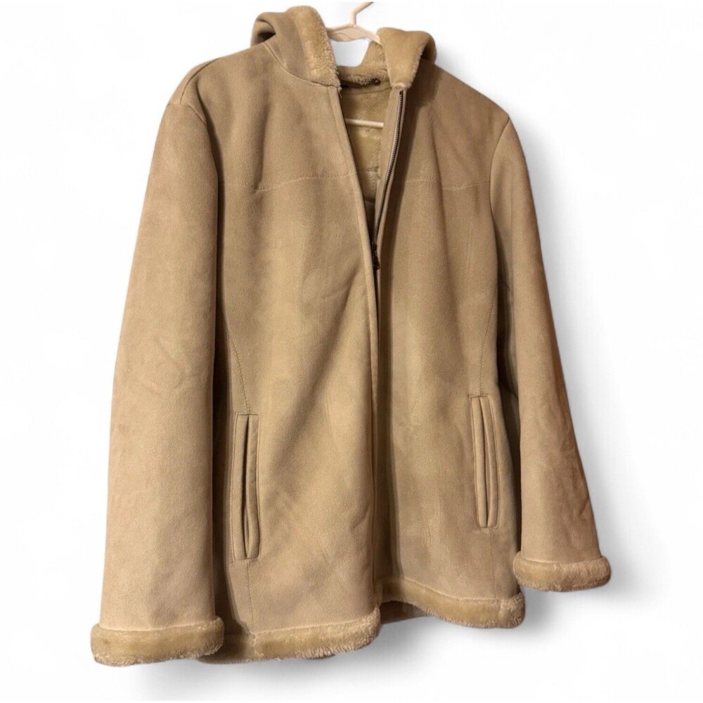 Fleet Street Women’s Faux Fur Suede Jacket Coat Hooded Fleece Size Small